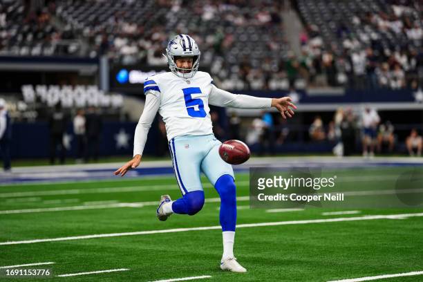 Bryan Anger of the Dallas Cowboys warms up prior to a football game at AT&T Stadium on September 17, 2023 in Arlington, Texas.