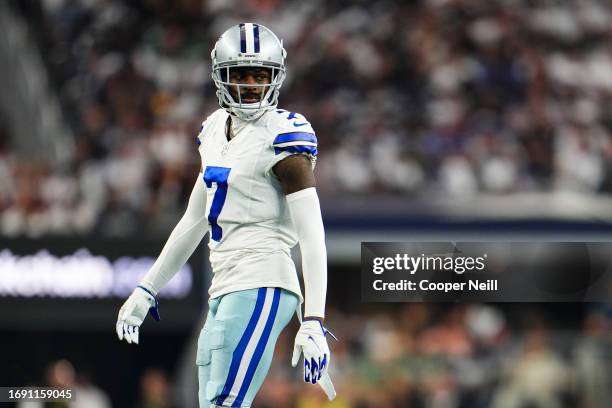 Trevon Diggs of the Dallas Cowboys looks on from the field during a football game at AT&T Stadium on September 17, 2023 in Arlington, Texas.