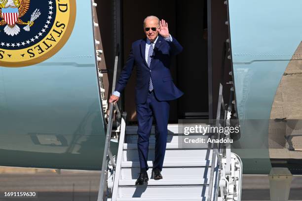 President Joe Biden arrives at Moffett Federal Airfield of NASA Ames Research Center in Mountain View, California, United States on September 26,...