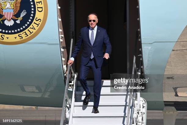President Joe Biden arrives at Moffett Federal Airfield of NASA Ames Research Center in Mountain View, California, United States on September 26,...