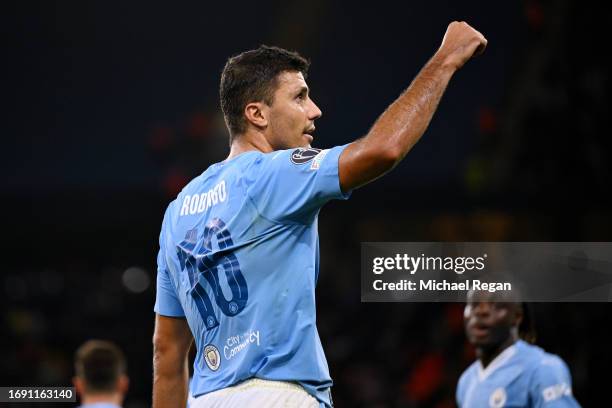 Rodri of Manchester City celebrates after scoring the team's third goal during the UEFA Champions League Group G match between Manchester City and FK...