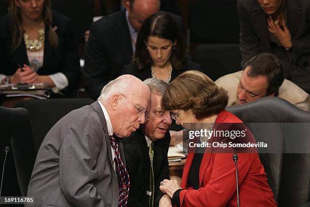 Senate Judiciary Committee Chairman Patrick Leahy , Sen. Richard Durbin and Sen. Dianne Feinstein discuss negotiations with Republicans during a...