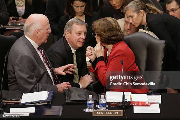 Senate Judiciary Committee Chairman Patrick Leahy , Sen. Richard Durbin and Sen. Dianne Feinstein discuss negotiations with Republicans during a...