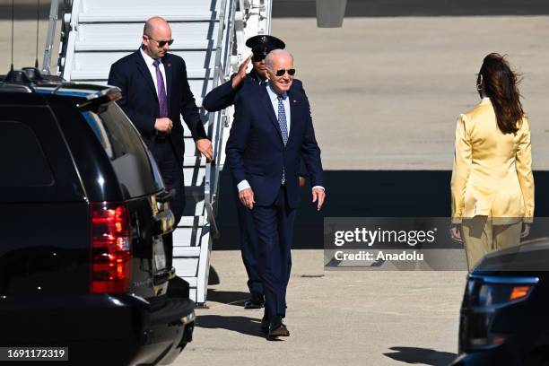 President Joe Biden arrives at Moffett Federal Airfield of NASA Ames Research Center in Mountain View, California, United States on September 26,...