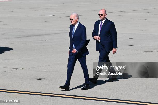 President Joe Biden arrives at Moffett Federal Airfield of NASA Ames Research Center in Mountain View, California, United States on September 26,...