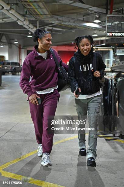 Alyssa Thomas and Tyasha Harris of the Connecticut Sun arrives at the arena before the game against the New York Liberty During round 2 game 2 of the...
