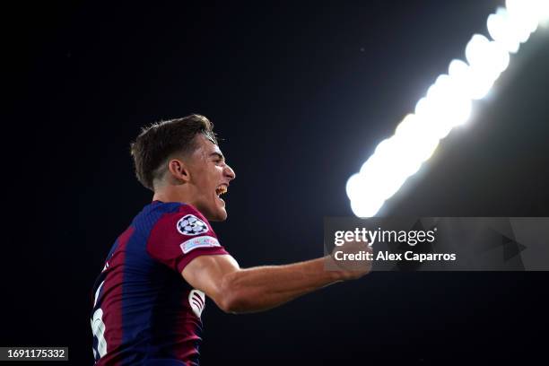 Gavi of Barcelona celebrates after scoring the team's fourth goal during the UEFA Champions League Group H match between FC Barcelona and Royal...