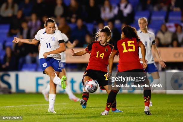 Grace Clinton of England Women U23 shoots at goal during the Women's International Friendly between England Women U23 and Belgium U23 at The Croud...