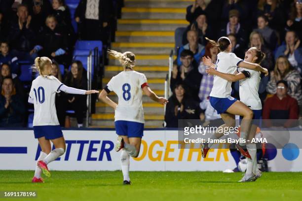 Ella Morris of England Women U23 celebrates with her team mates after scoring a goal to make it 3-0 during the Women's International Friendly between...