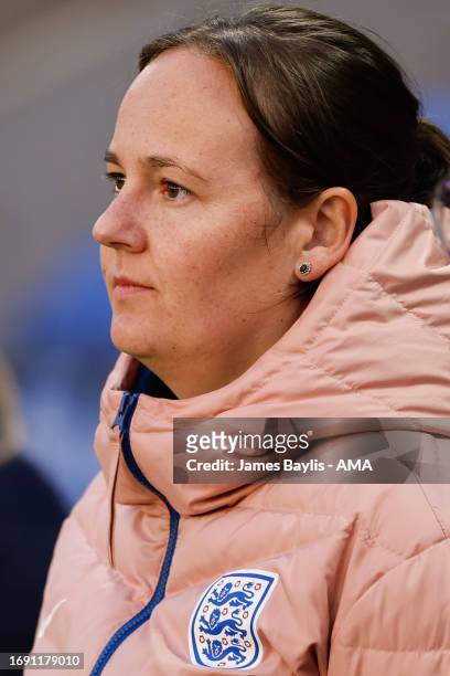 Emma Coates head coach of England Women U23 during the Women's International Friendly between England Women U23 and Belgium U23 at The Croud Meadow...