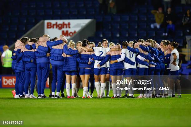 England players huddle at full time during the Women's International Friendly between England Women U23 and Belgium U23 at The Croud Meadow on...