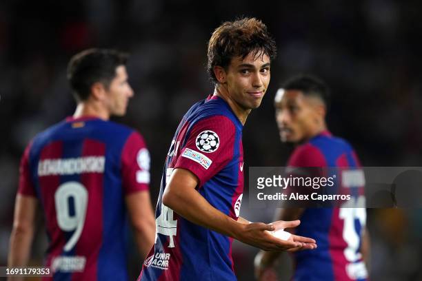 Joao Felix of Barcelona celebrates after scoring the team's fifth goal during the UEFA Champions League Group H match between FC Barcelona and Royal...