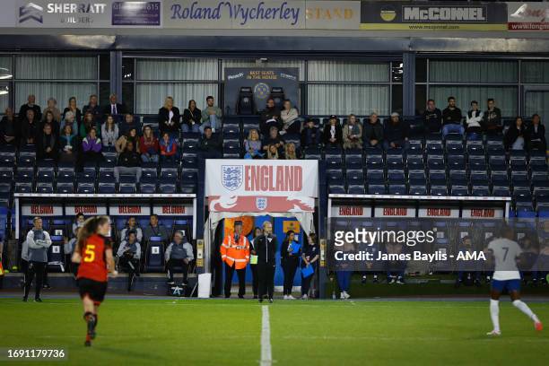 England signage and branding at The Croud Meadow, home stadium of Shrewsbury Town during the Women's International Friendly between England Women U23...