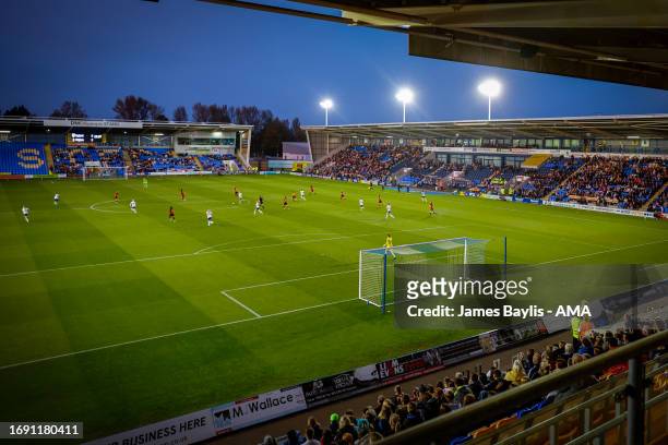 General view of The Croud Meadow home stadium of Shrewsbury Town during the Women's International Friendly between England Women U23 and Belgium U23...