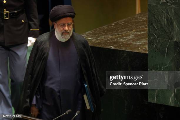 Iran's President Ebrahim Raisi walks to the podium to address world leaders during the United Nations General Assembly on September 19, 2023 in New...