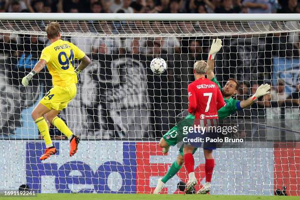 Ivan Provedel of Lazio scores the team's first goal to equalise during the UEFA Champions League Group E match between SS Lazio and Atletico Madrid...