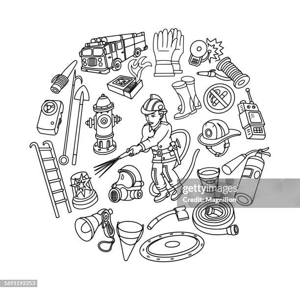 stockillustraties, clipart, cartoons en iconen met fire department doodles set, circle composition. vector illustration. - brandweerman
