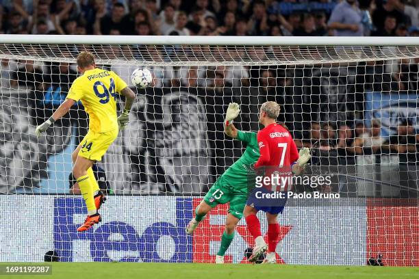 Ivan Provedel of Lazio scores the team's first goal to equalise during the UEFA Champions League Group E match between SS Lazio and Atletico Madrid...