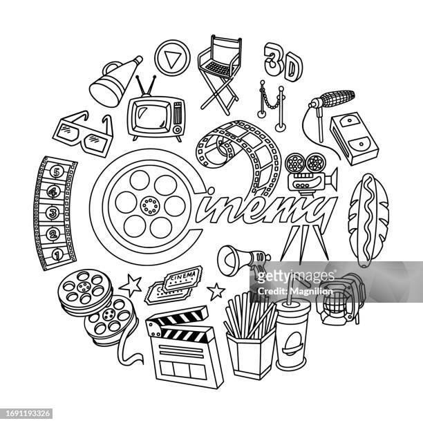 cinema doodles set, kreiskomposition - slate pencil stock-grafiken, -clipart, -cartoons und -symbole