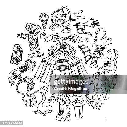 Circus Doodle Set, circle composition. Vector illustration. Circus Doodle Set, circle composition. Vector illustration.