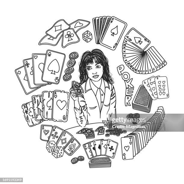 poker doodles set, circle composition - playing checkers stock illustrations