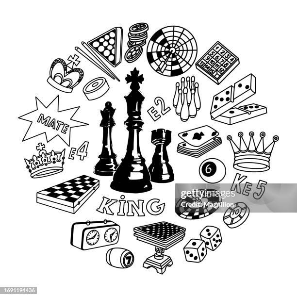 chess and various board games doodle set, circle composition - billiards artwork stock illustrations