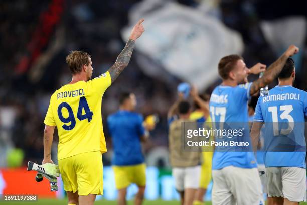 Ivan Provedel of Lazio gestures in celebrating victory at full-time following the UEFA Champions League Group E match between SS Lazio and Atletico...