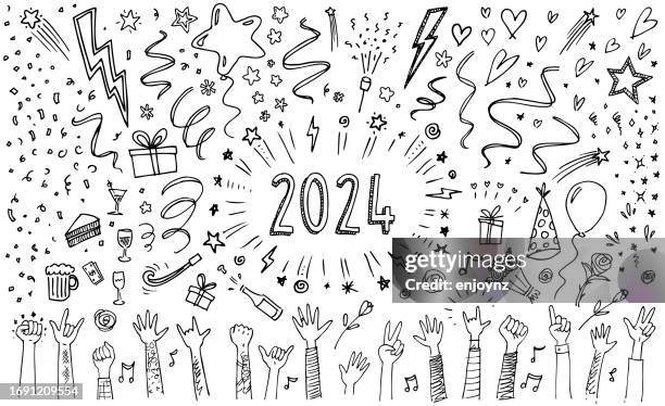stockillustraties, clipart, cartoons en iconen met 2024 party doodle drawings - doedel