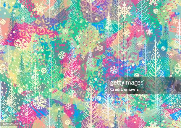 bildbanksillustrationer, clip art samt tecknat material och ikoner med seamless grunge colorful forest trees winter christmas background - rainbow forrest abstract