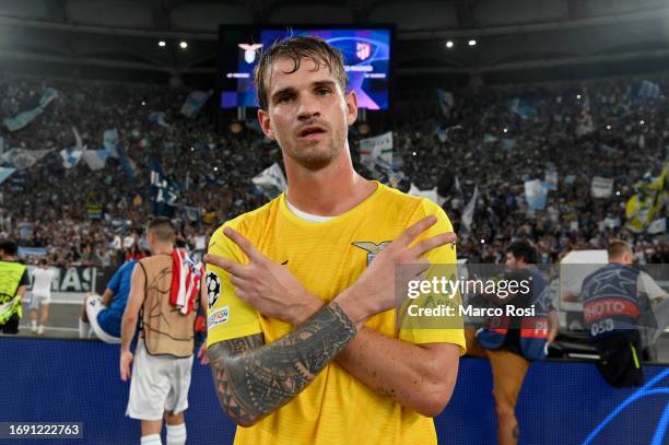 Ivan Provedel of SS Lazio goolkeeper celebrates after scoring the first goal during the UEFA Champions League match between SS Lazio and Atletico...