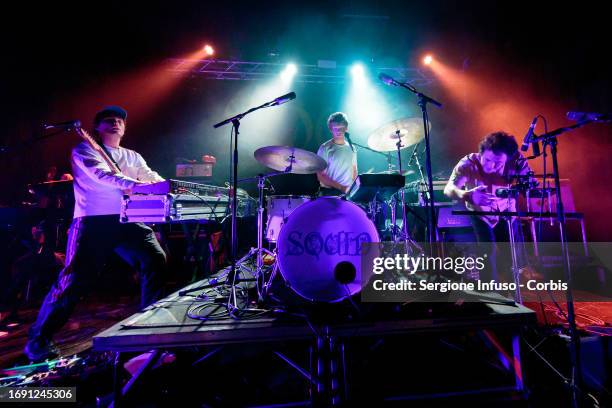 Louis Borlase, Ollie Judge and Laurie Nankivell of Squid perform at Santeria Toscana 31 on September 19, 2023 in Milan, Italy.