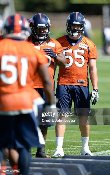 Stewart Bradley of the Denver Broncos looks on during the teams OTAs May 20, 2013 at Dove Valley. All offseason training activities are voluntary...