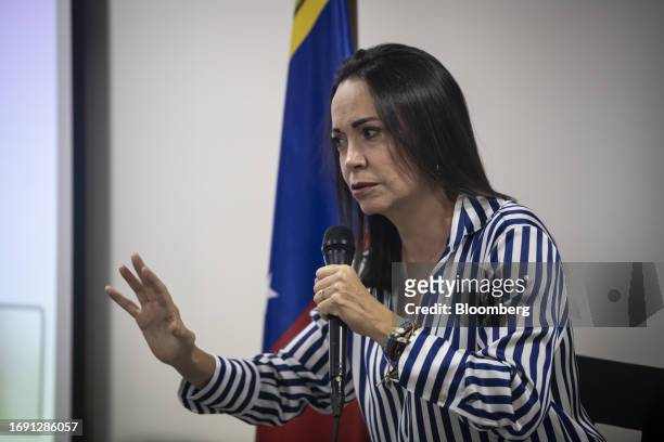 Maria Corina Machado, banned opposition presidential primary candidate for the Vente Venezuela party, during a news conference in Caracas, Venezuela,...