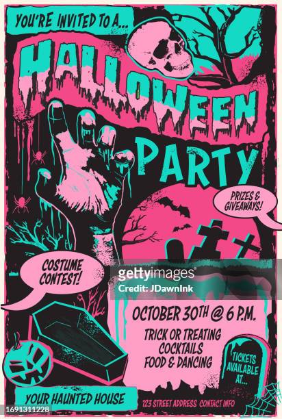 ilustraciones, imágenes clip art, dibujos animados e iconos de stock de plantilla de póster de fiesta de halloween en estilo de cómic retro con elementos espeluznantes - halloween party