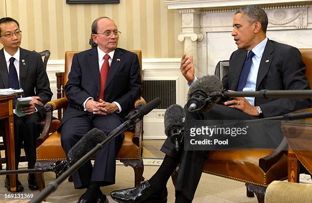 President Barack Obama meets with Myanmar President Thein Sein in the Oval Office of the White House May 20, 2013 in Washington, DC. The Obama...