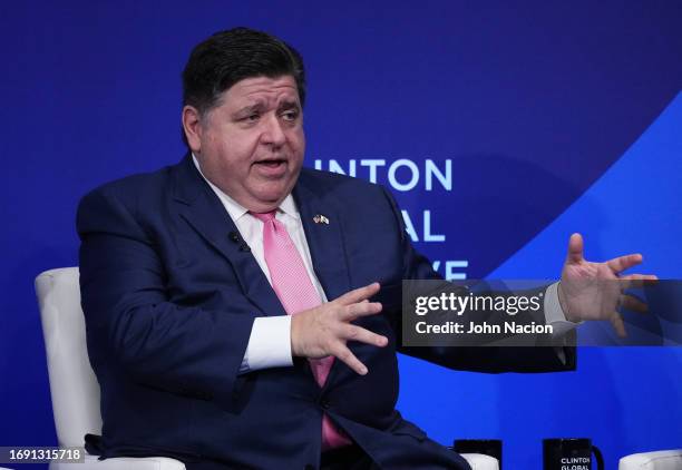 Illinois Governor J. B. Pritzker speaks during the Clinton Global Initiative meeting at the Hilton Midtown on September 19, 2023 in New York City.