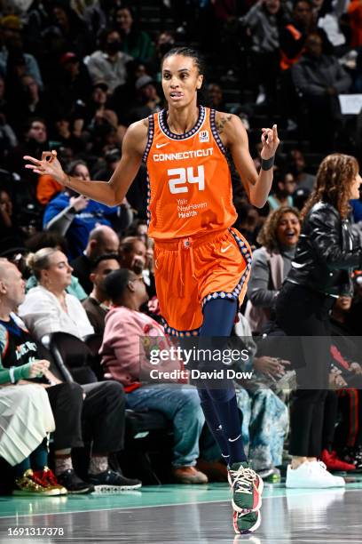 DeWanna Bonner of the Connecticut Sun celebrates during the game against the New York Liberty during round two game two of the 2023 WNBA playoffs on...