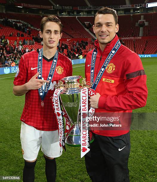 Adnan Januzaj and Frederic Veseli of Manchester United U21s pose with the Barclays U21 Elite Group trophy after the Barclays U21s Elite Group Final...