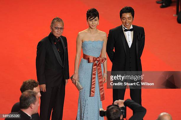 Director Takao Osawa and actors Nanako Matsushima and Takashi Miike attend the 'Wara No Tate' Premiere during the 66th Annual Cannes Film Festival at...