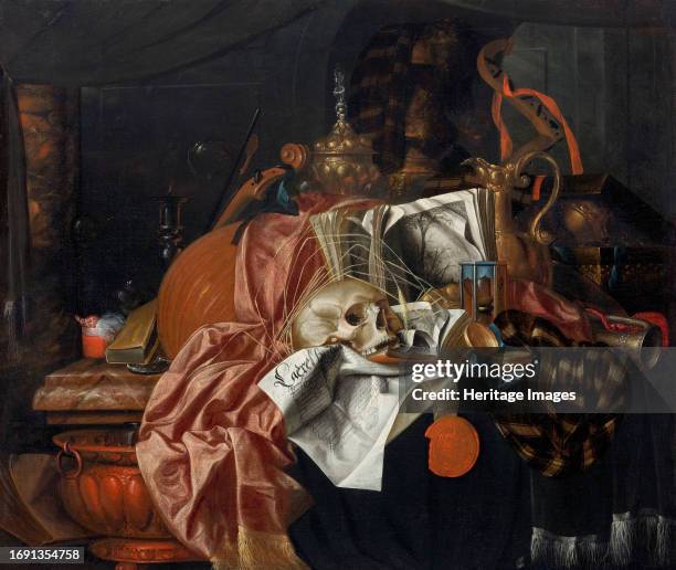 Vanitas still life with musical instruments, ceremonial vessels, books, an extinguished candle... Private Collection. Creator: Gijsbrechts,...