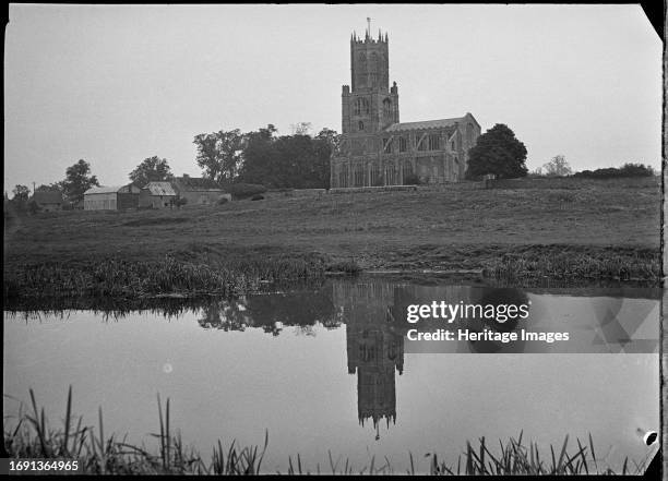 St Mary and All Saints Church, Fotheringhay, East Northamptonshire, Northamptonshire, 1936. A view from the south across the River Nene towards St...