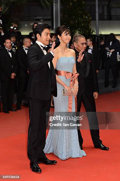 Actor Takashi Miike, actress Nanako Matsushima and director Takao Osawa attends the 'Wara No Tate' Premiere during the 66th Annual Cannes Film...