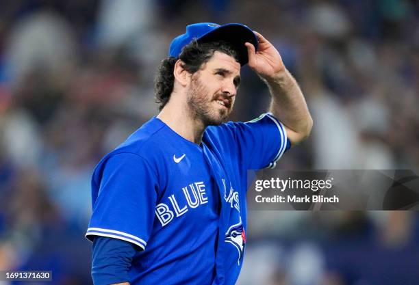 Jordan Romano of the Toronto Blue Jays walks off the mound in the middle of the ninth inning after giving up a home run against the New York Yankees...