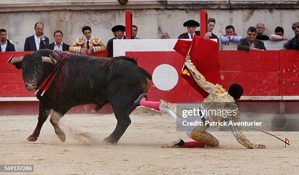 Mexican bullfighter Diego Silveti is gored by a bull during the 61st annual Pentecost Feria de Nimes at Nimes Arena on May 20, 2013 in Nimes, France....