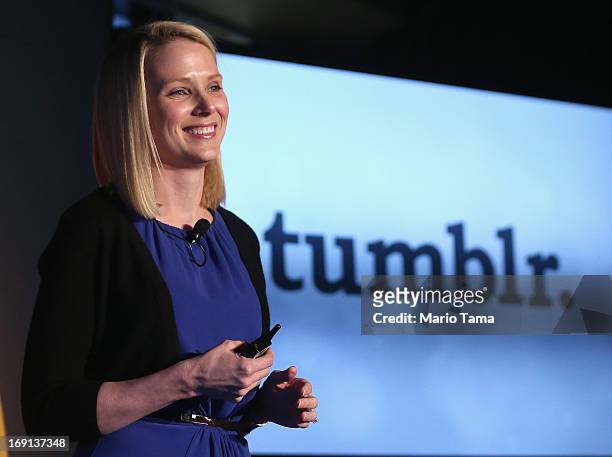 Yahoo! CEO Marissa Mayer speaks about the company's acquisition of Tumblr at a press conference in Times Square on May 20, 2013 in New York City. The...