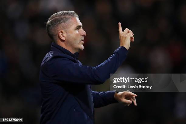 Ryan Lowe, Manager of Preston North End, reacts during the Sky Bet Championship match between Preston North End and Birmingham City at Deepdale on...