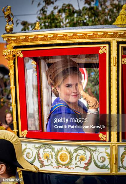 Princess Amalia of The Netherlands at Prinsjesdag on September 19, 2023 in The Hague, Netherlands. Prinsjesdag is the state opening of the parliament.