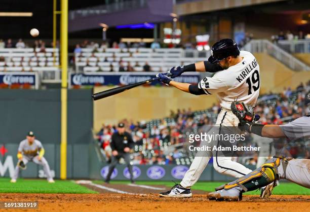 Alex Kirilloff of the Minnesota Twins hits a two-run home run in the fifth inning against the Oakland Athletics at Target Field on September 26, 2023...