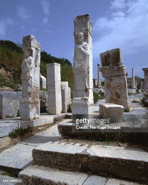 Remains of a temple at the important city of Ephesus, dating from ancient Greek times but lasting through the Romans and medieval eras, Kusadasi,...