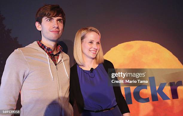 Tumblr founder David Karp poses after a news conference with Yahoo! CEO Marissa Mayer following Yahoo!'s acquisition of Tumblr in Times Square on May...